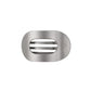 Metallic silver hair clip with a brand logo on a white background

