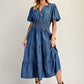 Bubble Sleeve Washed Denim Maxi Dress