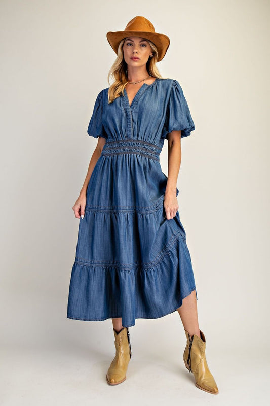 Bubble Sleeve Washed Denim Maxi Dress