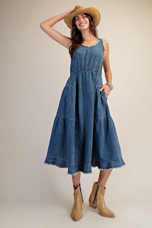 Sleeveless  Washed Denim Tiered Dress