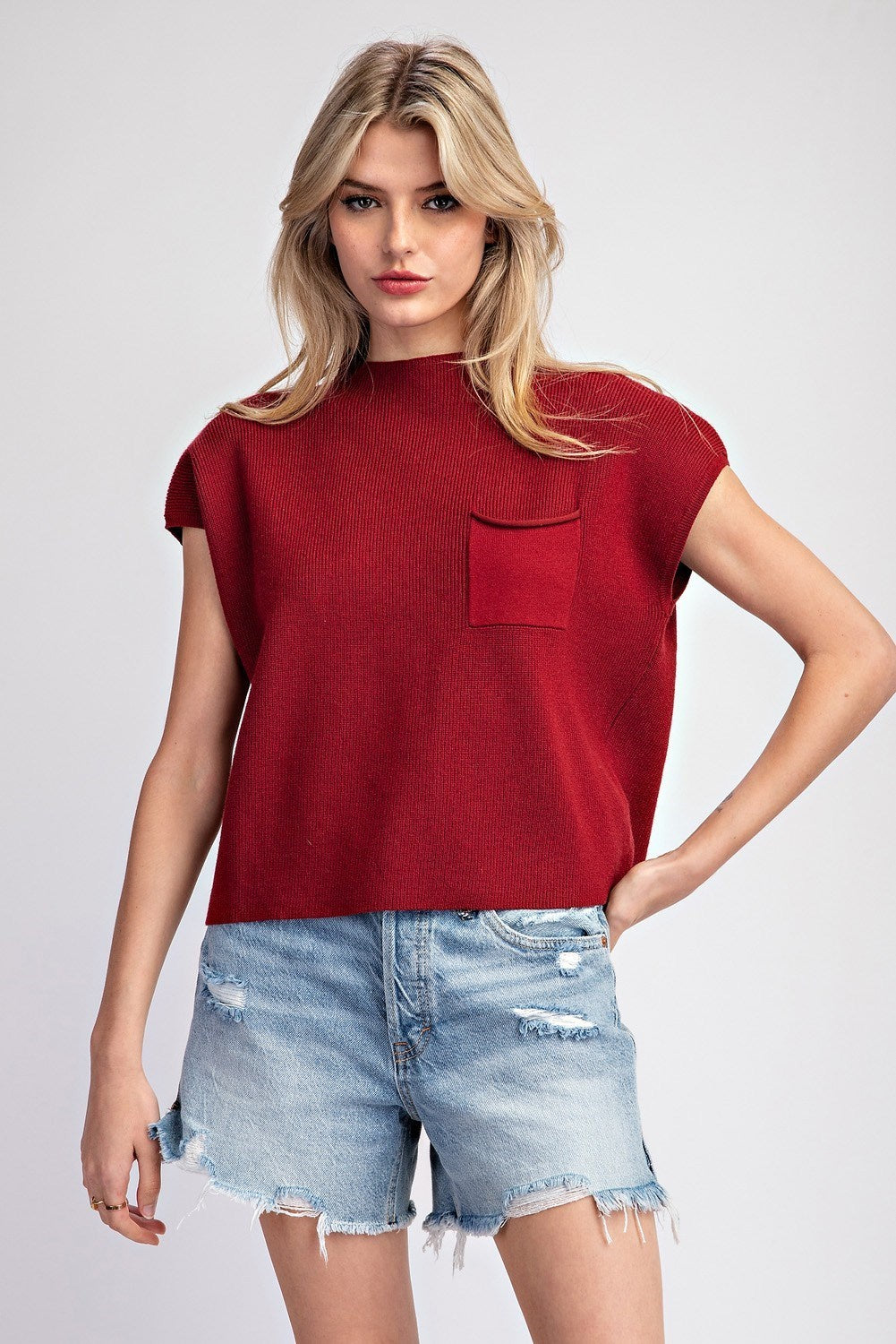 Short Sleeve Sweater Top Maroon