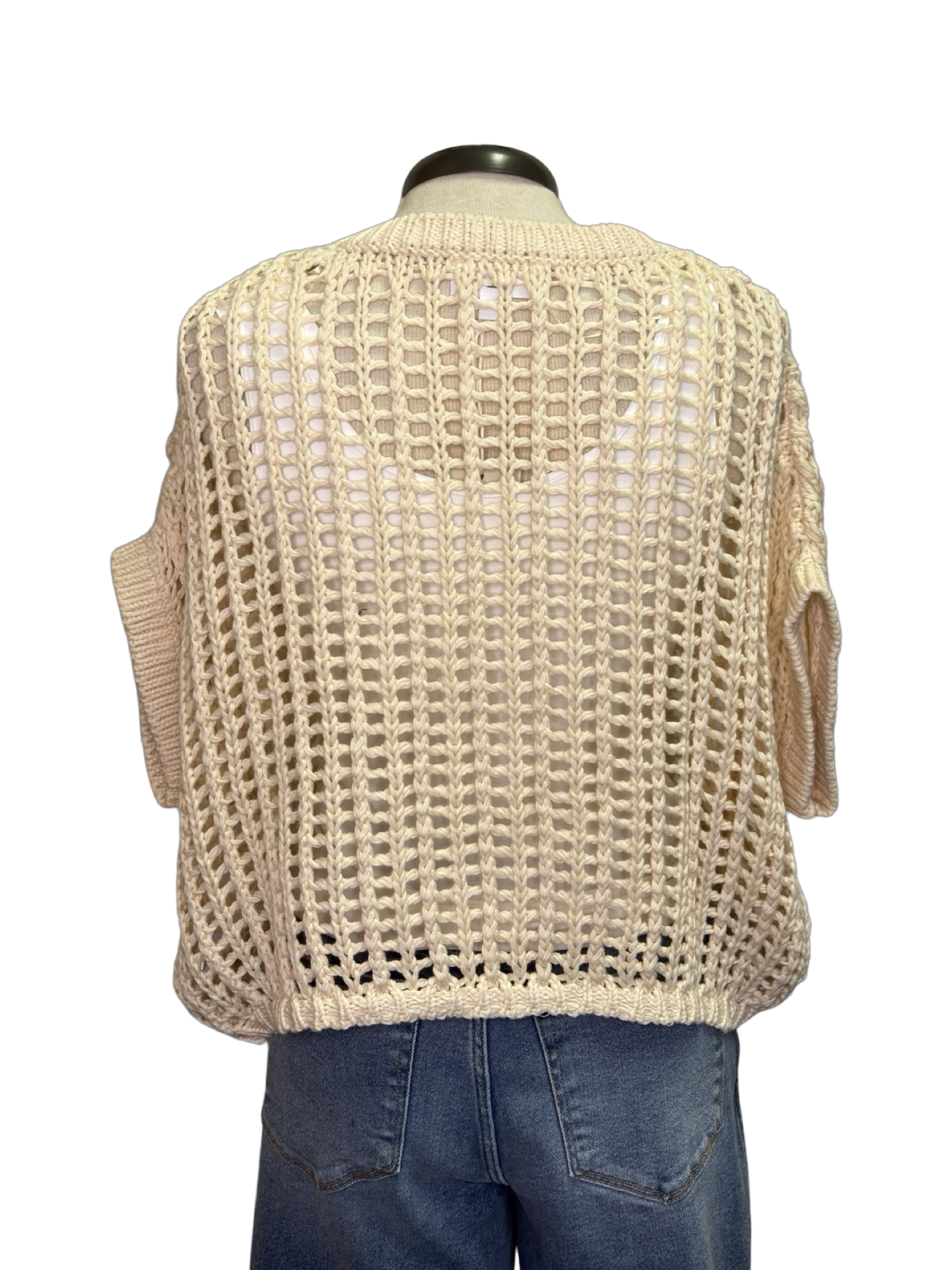 Crochet Knit Short Sleeve Sweater Top Oatmeal