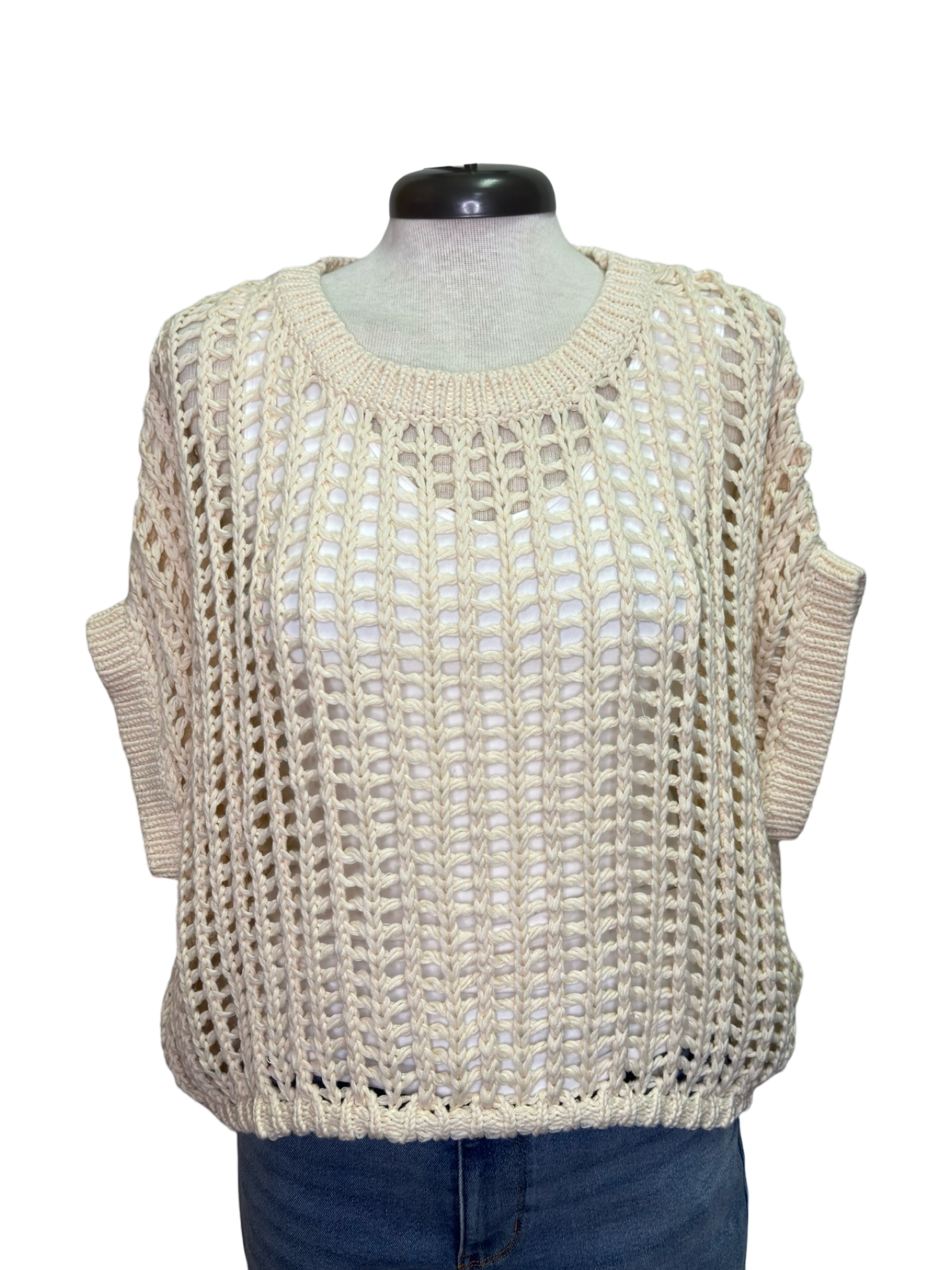 Crochet Knit Short Sleeve Sweater Top Oatmeal