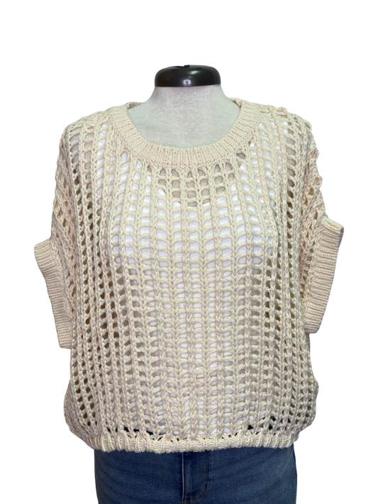 Crochet Knit Short Sleeve Sweater Top Oatmeal