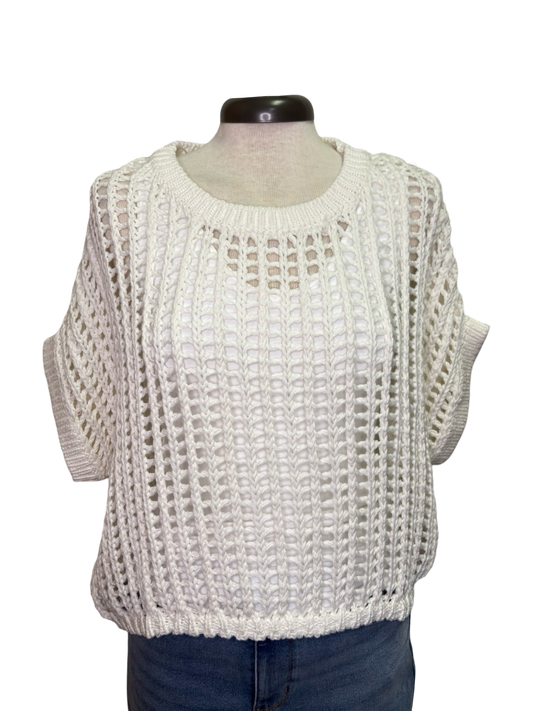 Crochet Knit Short Sleeve Sweater Top Off White