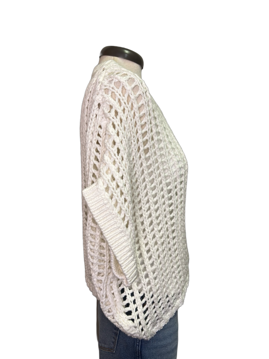 Crochet Knit Short Sleeve Sweater Top Off White