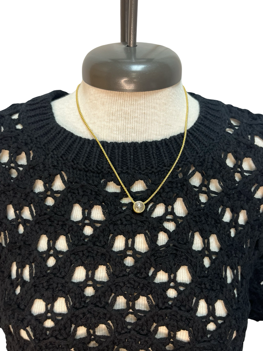 Crochet Open Knit Short Sleeve Sweater Black