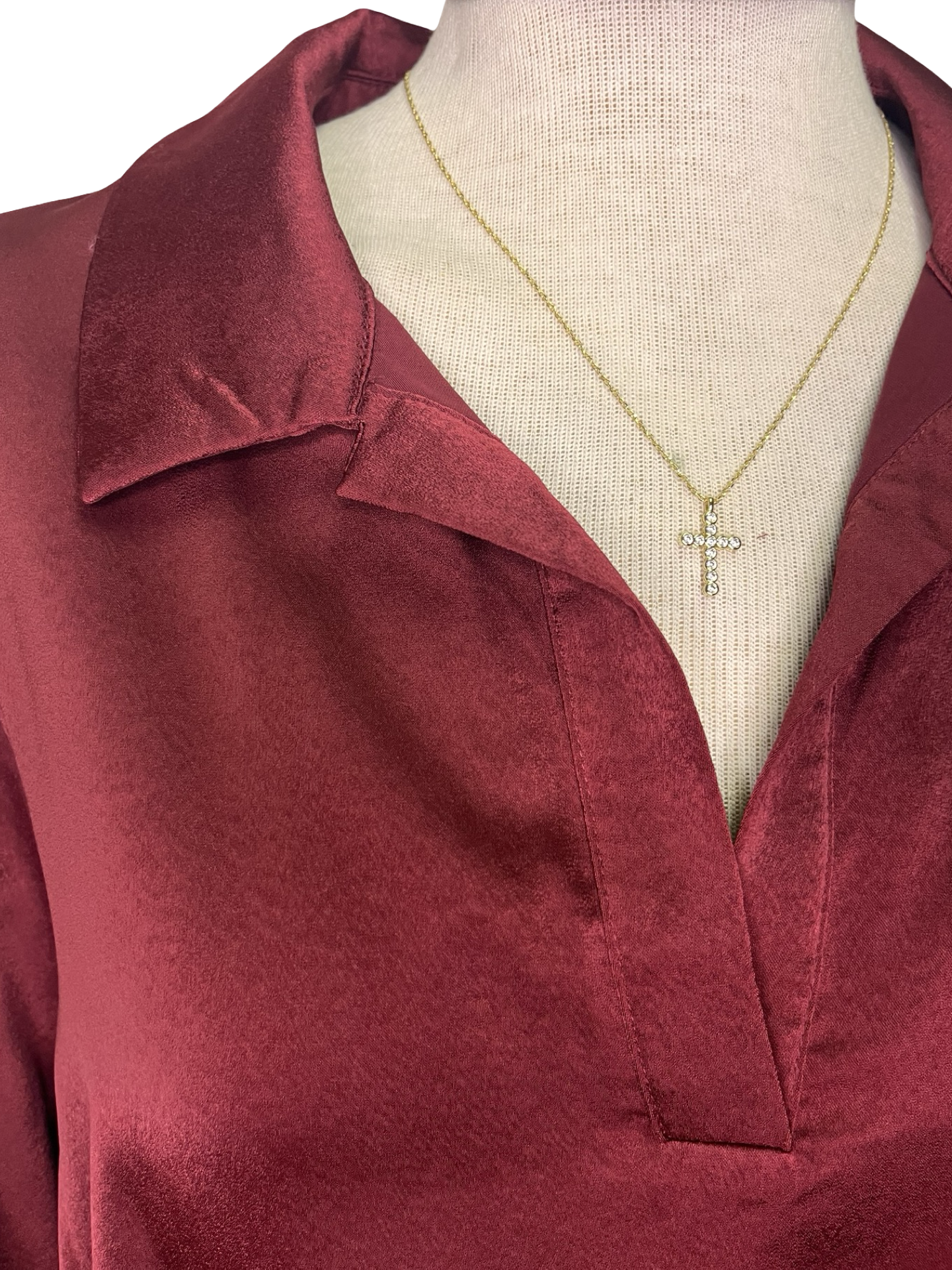 Notched Collar Long Sleeve Blouse Wine