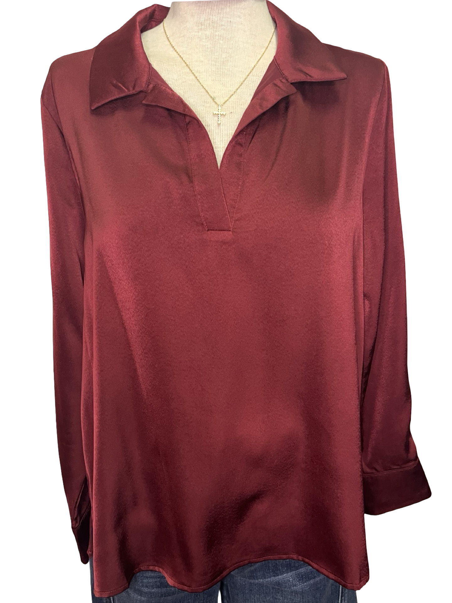 Notched Collar Long Sleeve Blouse Wine
