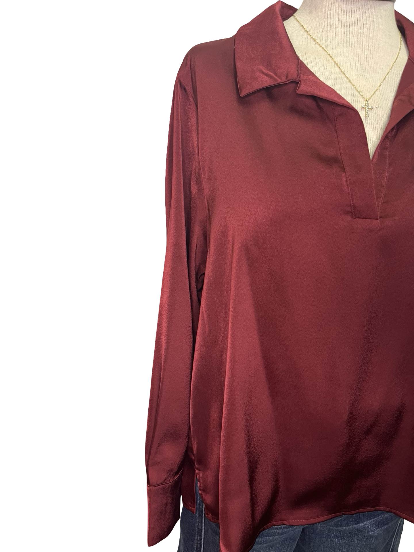 Notched Collar Long Sleeve Blouse Wine