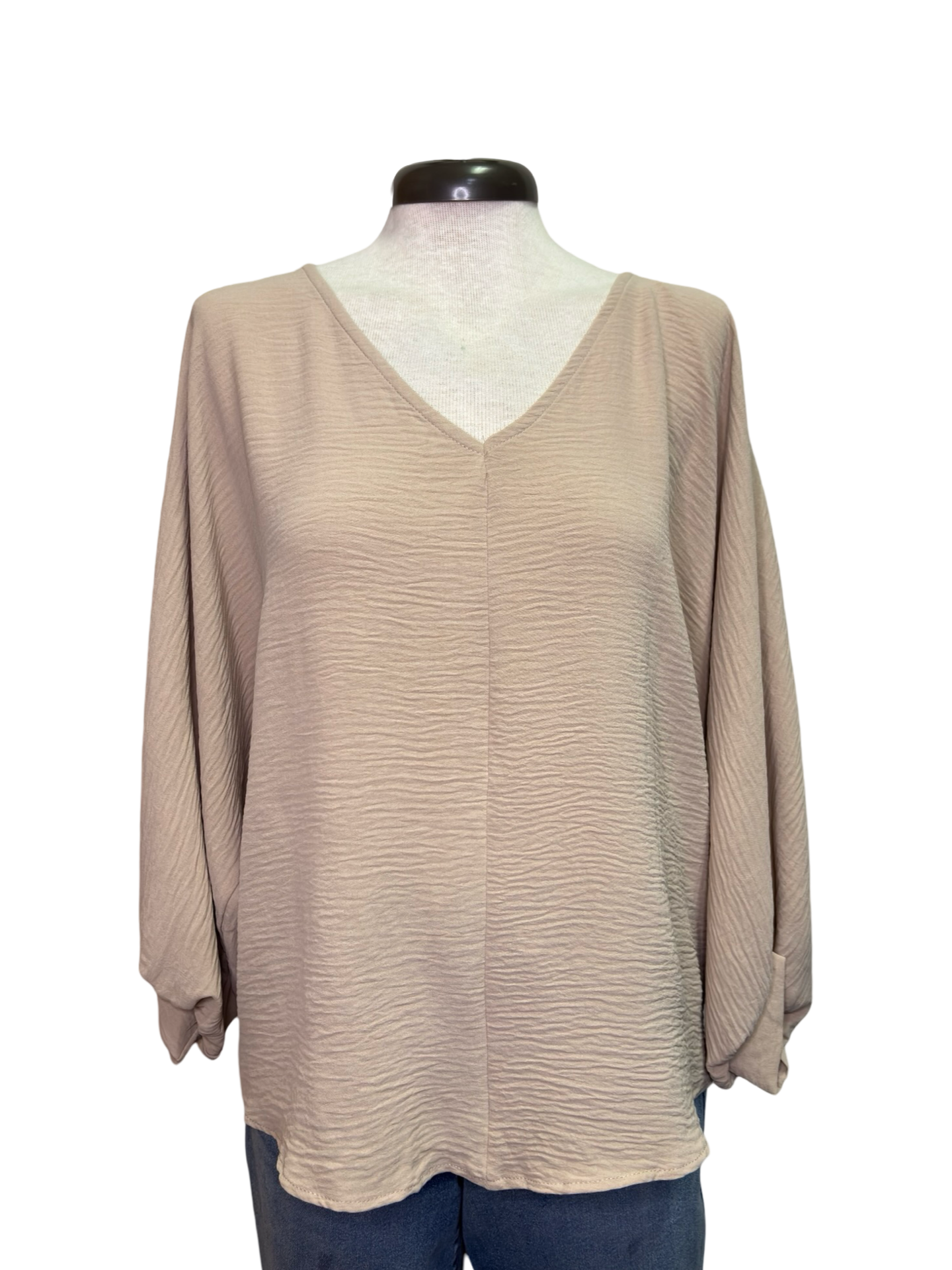 Puff Sleeve V Neck Blouse Top Taupe