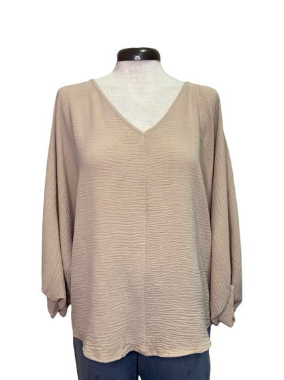 Puff Sleeve V Neck Blouse Top Taupe