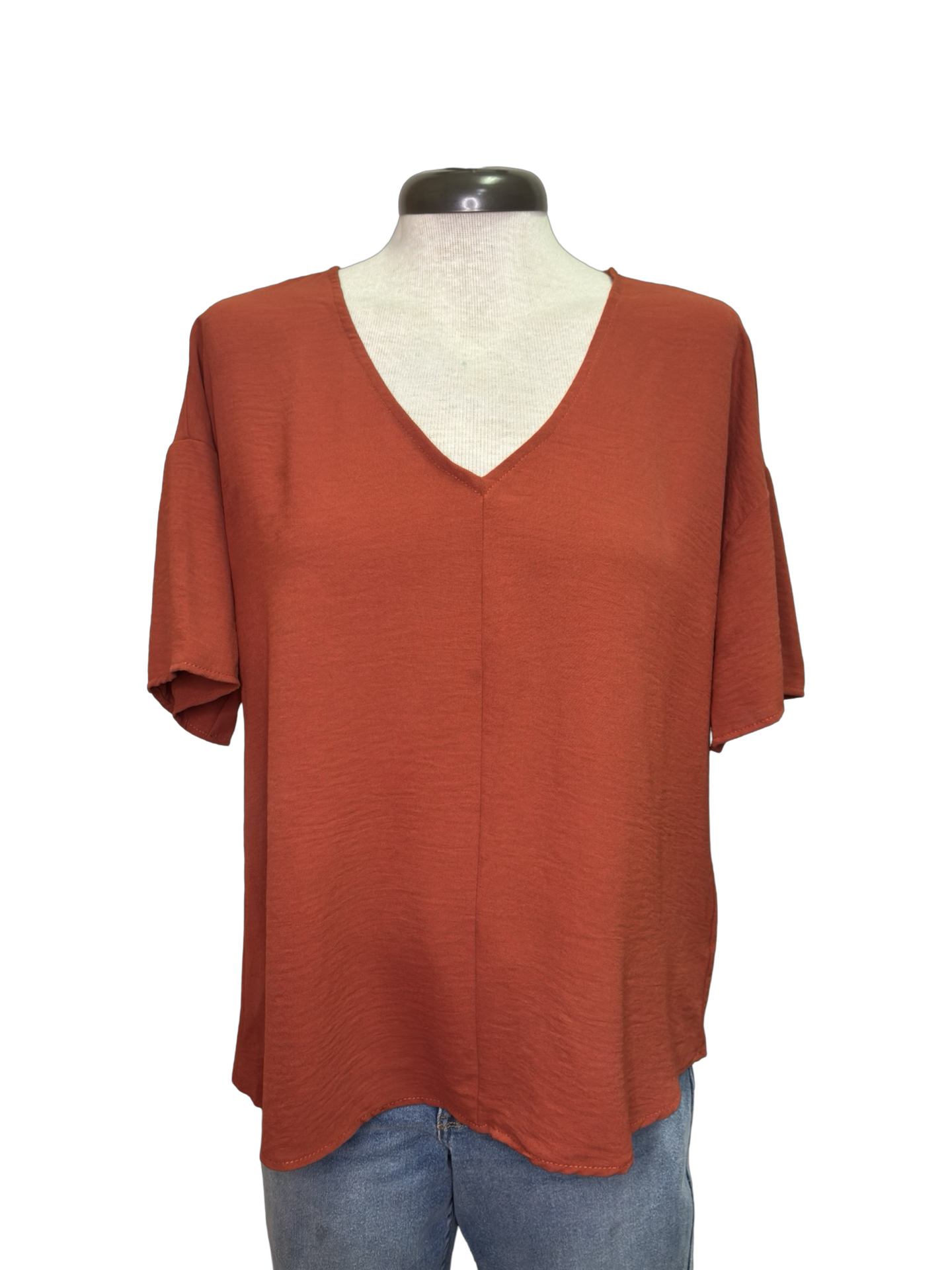 Short Sleeve V Neck Blouse Top Rust