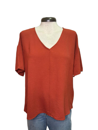 Short Sleeve V Neck Blouse Top Rust