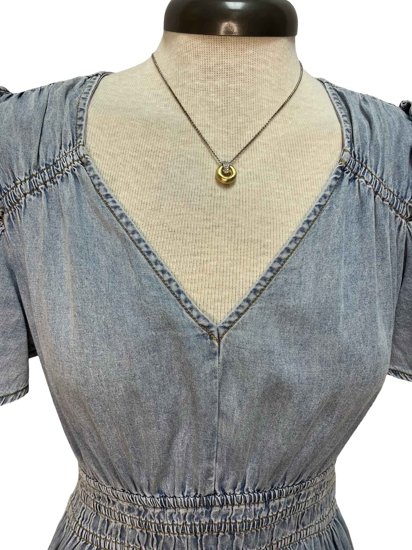 Snow Washed Smocked V-Neck Chambray Dress