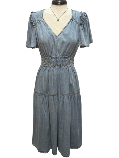 Snow Washed Smocked V-Neck Chambray Dress