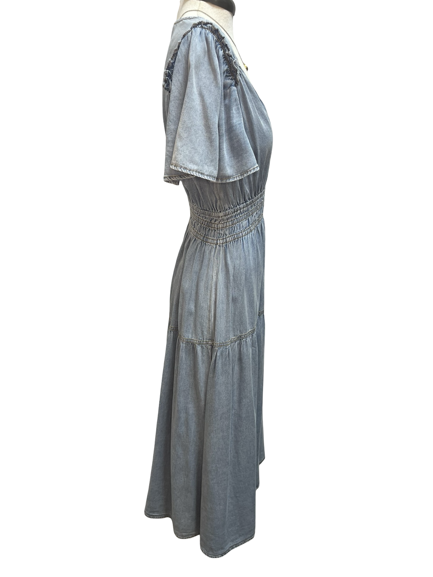 Snow Washed Smocked V-Neck Chambray Dress
