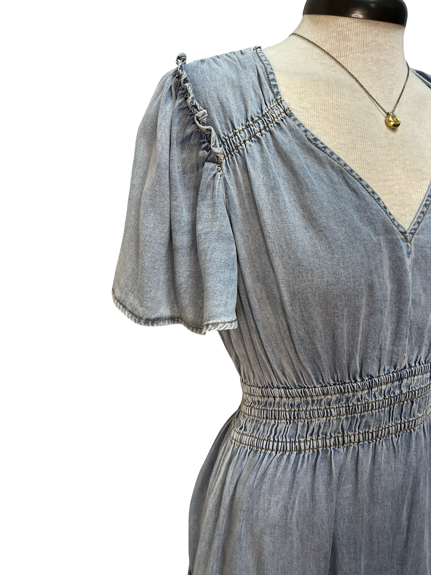 Snow Washed Smocked V-Neck Chambray Dress