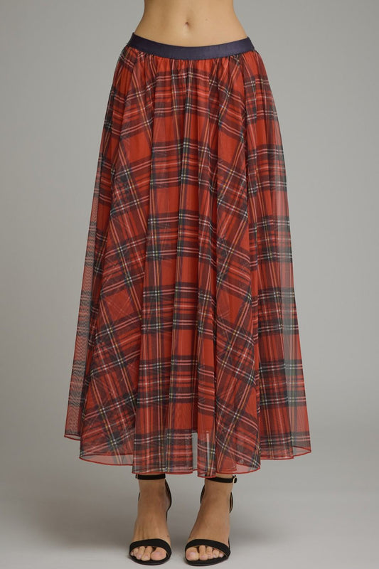 Plaid Mesh Midi Skirt Red
