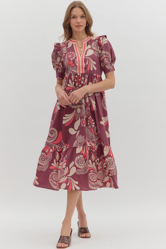 Paisley Pattern Midi Dress Plum