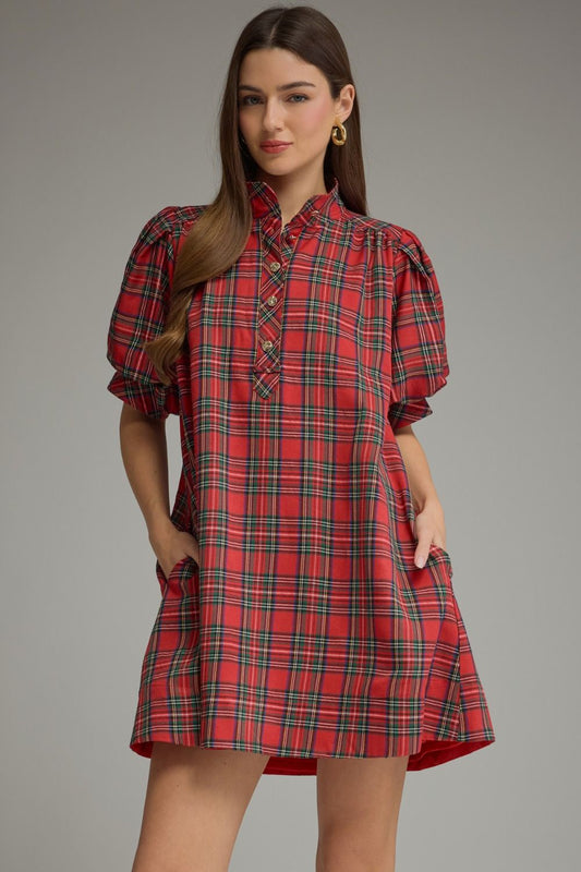 Plaid Print Puff Sleeve Mini Dress Red