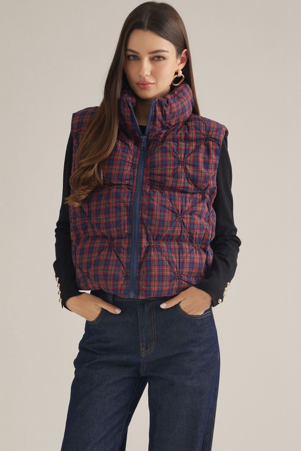 Sleeveless Padded Vest Red Plaid
