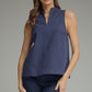 Split V Neck Stand Collar Top Navy