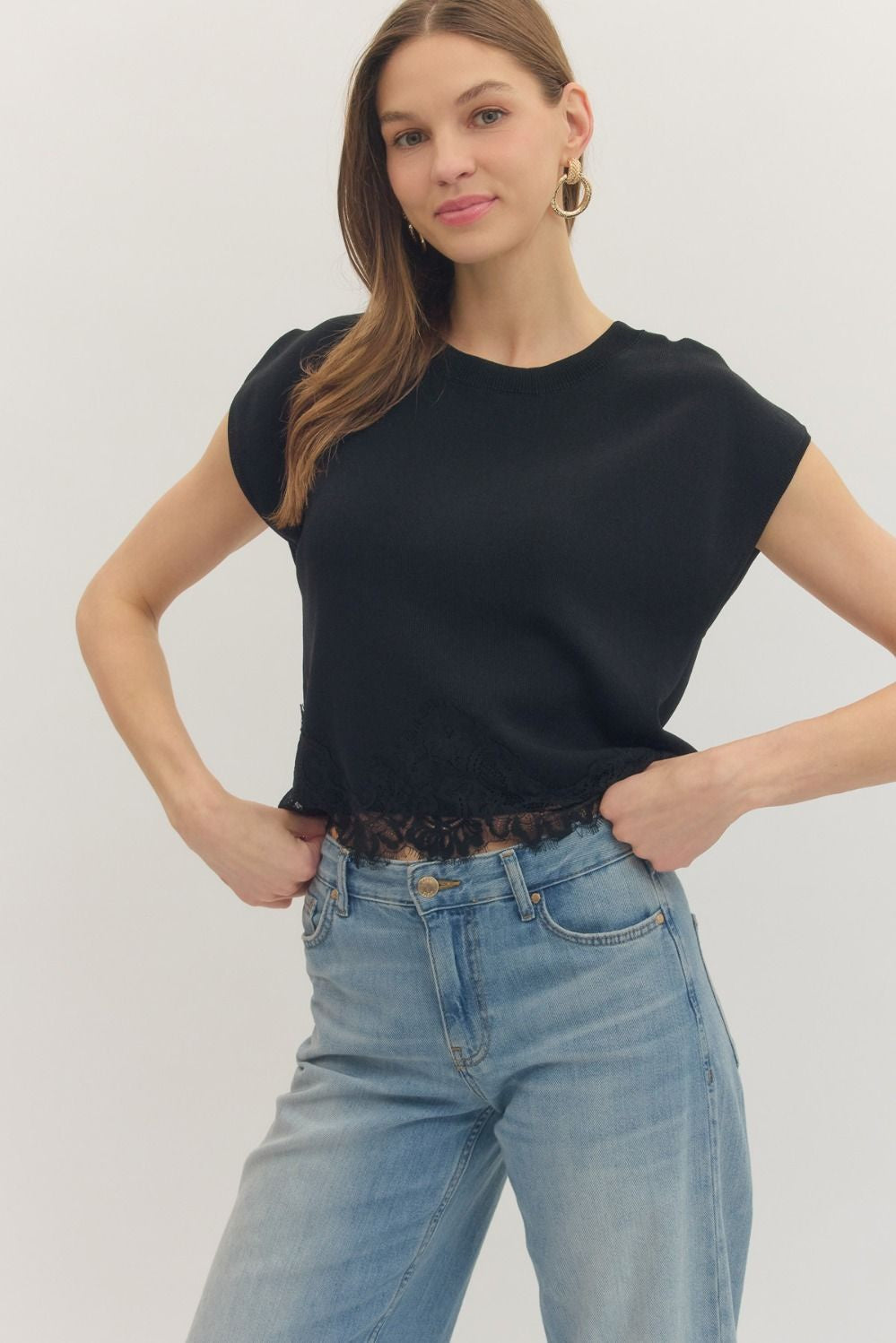 Cap Sleeve Knit Lace Trim Hem Top Black