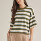 Striped Short Sleeve Round-Neck Knit Top Olive