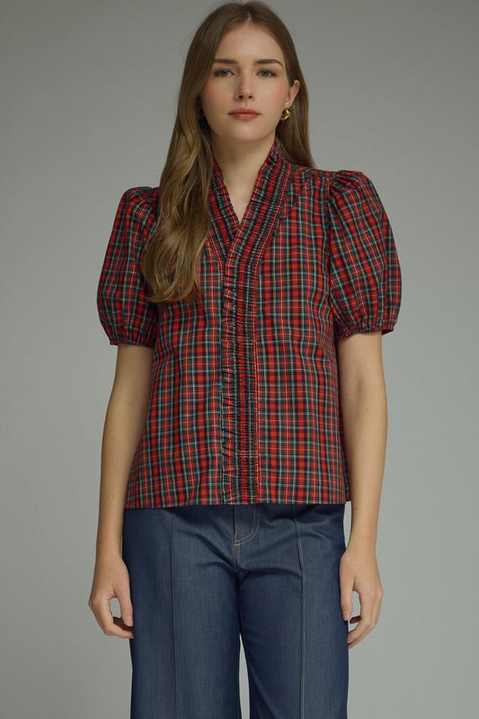 Plaid Short Puff Sleeve Ruched Neck Top
