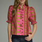 Print Short Sleeve Ruffle Neck Top