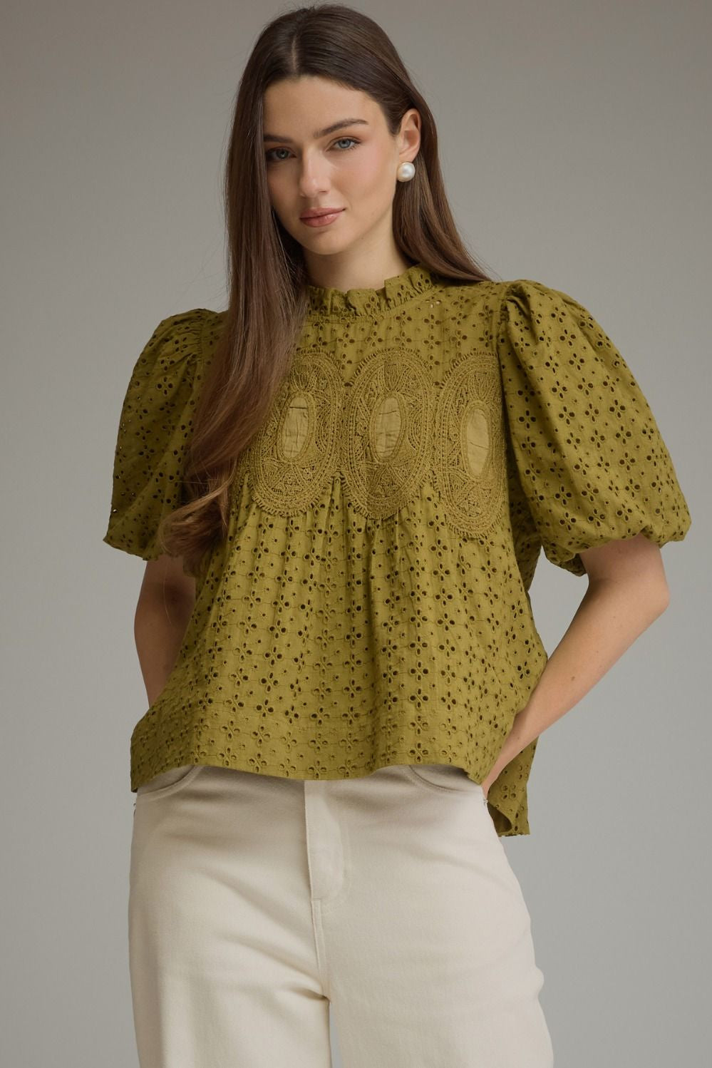 Eyelet Detail Crochet Trim Top Olive