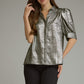 Metallic Finish Puff Sleeve Button Up Top Charcoal
