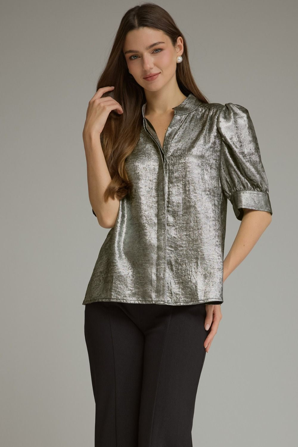 Metallic Finish Puff Sleeve Button Up Top Charcoal