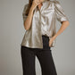 Metallic Finish Puff Sleeve Button Up Top Champagne