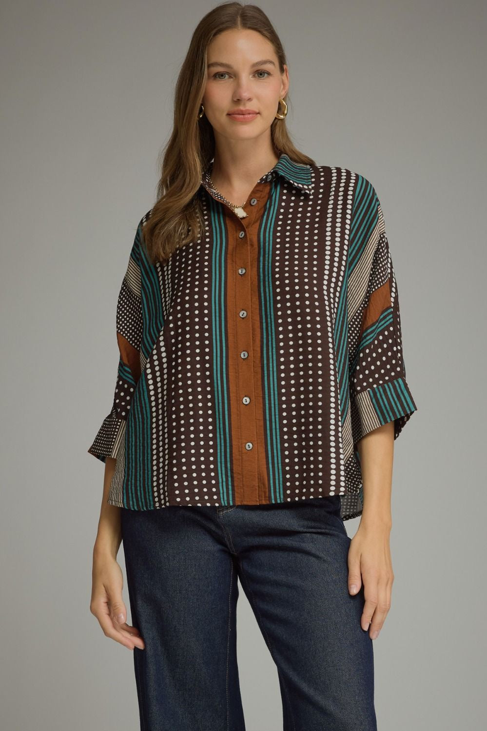 Stripe & Polka Dot Print Button Up Top Brown
