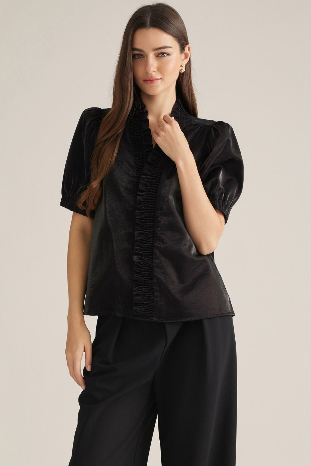 Short Puff Sleeve Ruffle Neck Top Black
