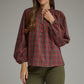 Plaid Ruffled Split-Neck Balloon Sleeve Top Red