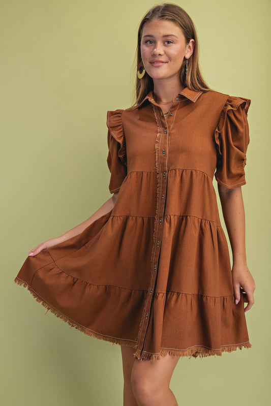 Linen Button Up Frayed Hem Dress Copper