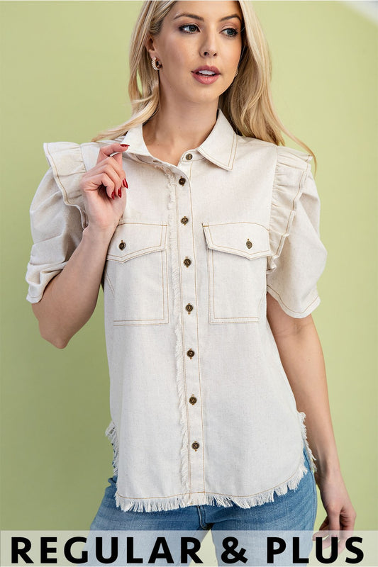 Linen Button Up Frayed Hem Top Oatmeal