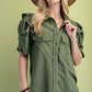 Linen Button Up Frayed Hem Top Olive
