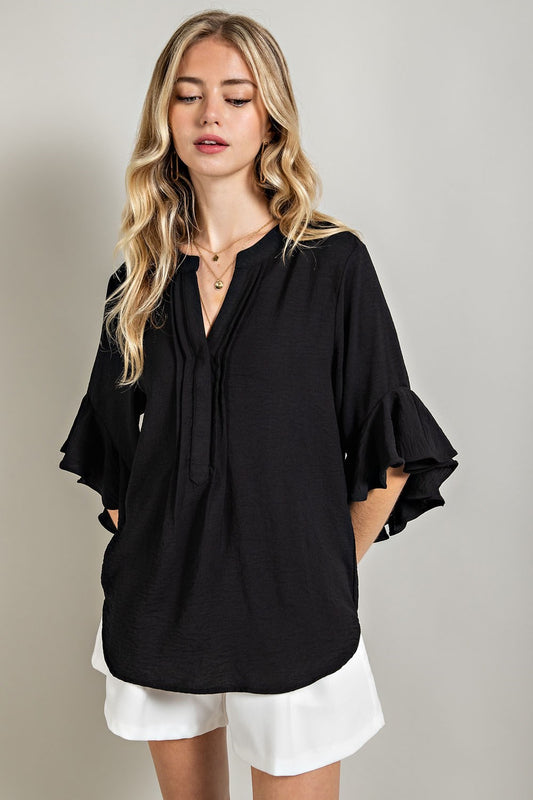 Bell Sleeve Pleated Detail Top Black