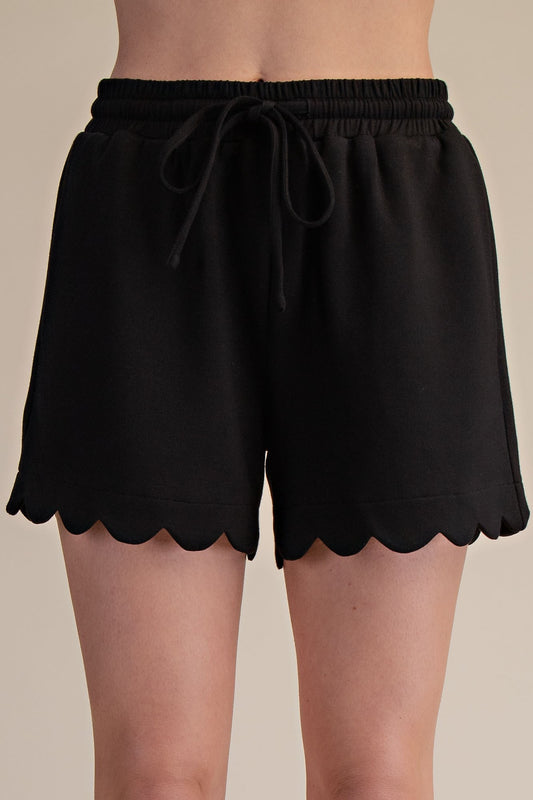 Elastic Waist Scallop Shorts Black