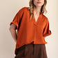 V Neck Placket Cuffs Sleeve Top Rust