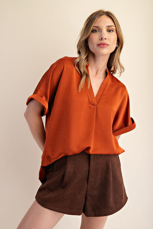 V Neck Placket Cuffs Sleeve Top Rust