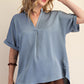 V Neck Placket Cuffs Sleeve Top Slate