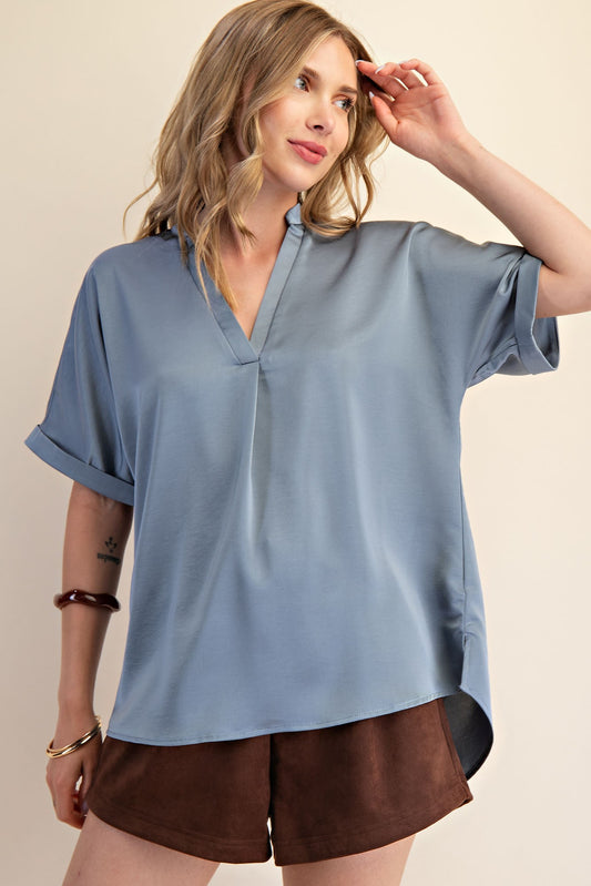 V Neck Placket Cuffs Sleeve Top Slate