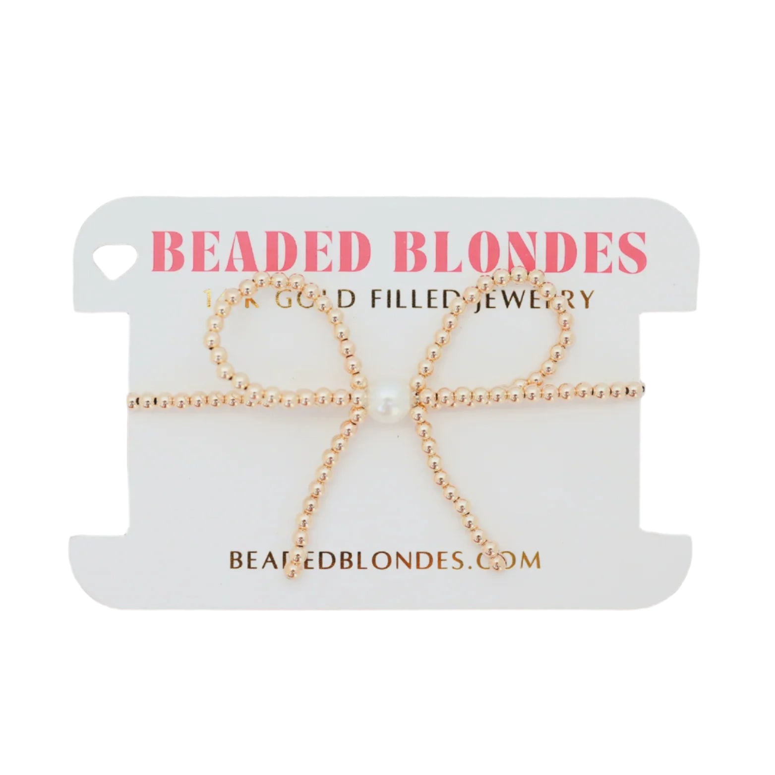 Gold beaded jewelry set on a 'Beaded Blondes' branded card 