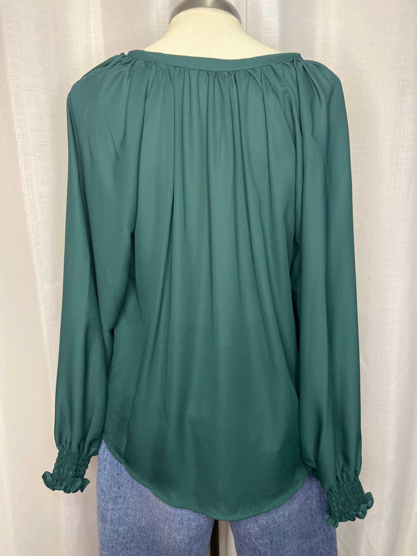 Green Pleated V Neck Blouse
