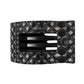 Black quilted hair clip with a brand logo on a white background